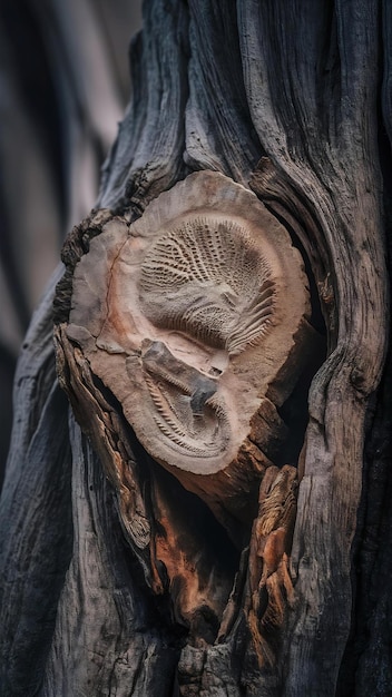 A close up of a fossil on a tree trunk