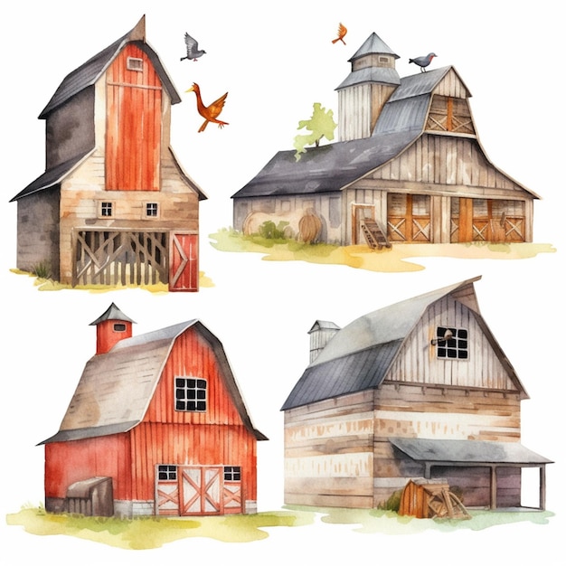 A close up of four different barns with a bird flying over them generative ai