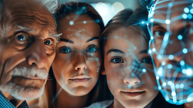 Photo close up of four people looking at the camera with a blue light overlay on their faces