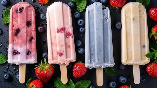 A close up of four popsicles with berries and mint leaves on a black surface generative ai