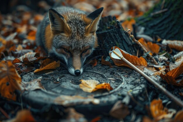 Photo close up of a fox laying on a pile of leaves suitable for nature themes