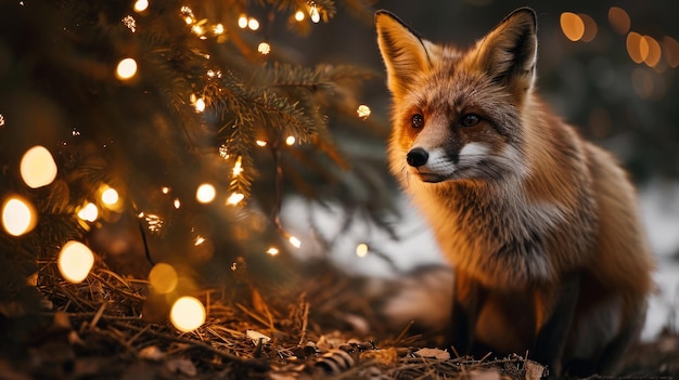 A close up of a fox near a tree