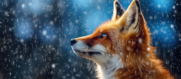 close up fox with snowfall background