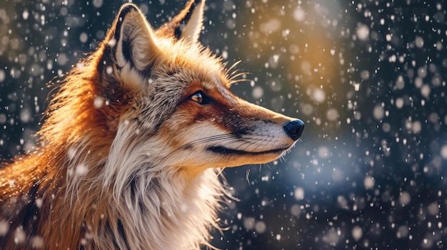 close up fox with snowfall background