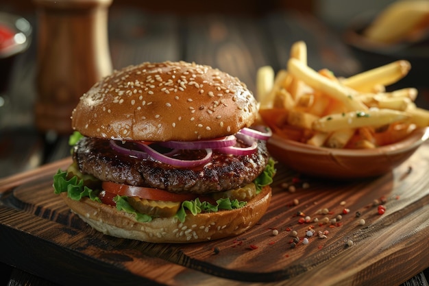 Close up of fresh beef burger and fries on wooden tray