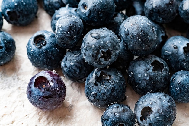 Close up of fresh blueberry with water drops on its