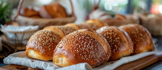 Close up of fresh bread rolls on table