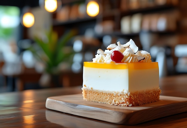 Close up of fresh coconut cream cake on square wooden plate modern coffee shop background