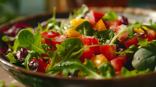 A close up of a fresh colorful salad with tomatoes greens and spinach