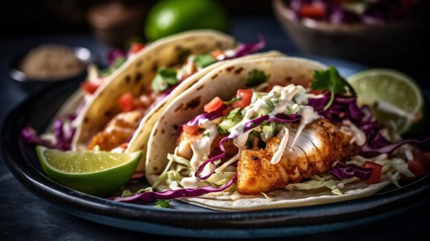 Close up of fresh fish tacos with coleslaw avocado salsa in a flour tortilla generative AI