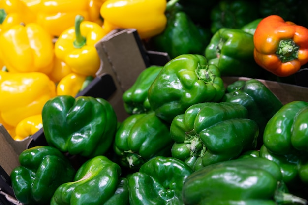 Close-up of fresh home-grown sweet pepper of green color in carton box on supermarket counter