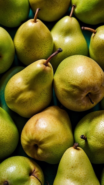 A close up of fresh pears with green and gold on them