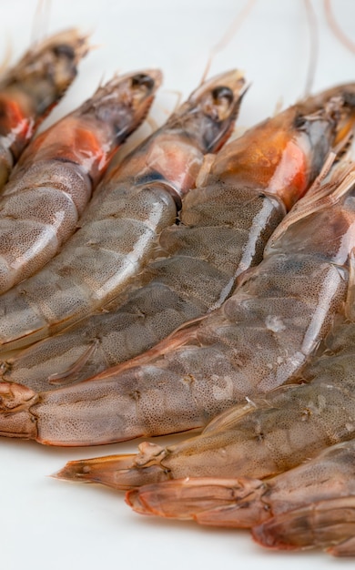 Close-up of fresh, raw and whole prawns