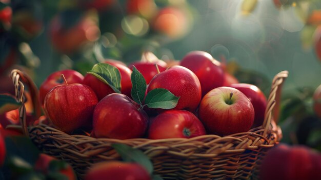 Photo close up of fresh ripe red apples in a wicker basket with softly blurred background delight