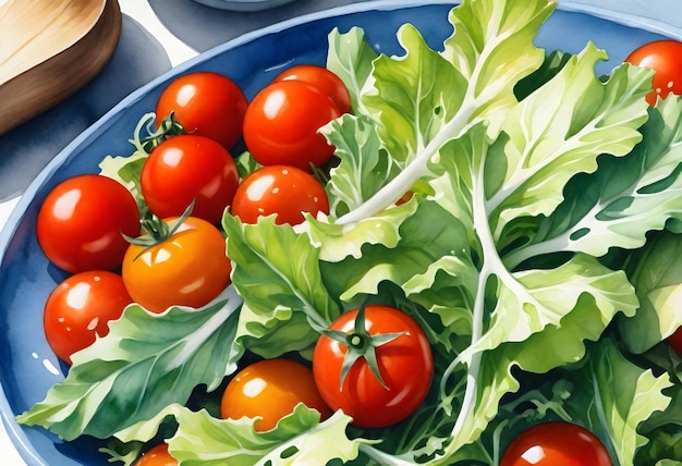 Close up of a fresh salad with cherry tomatoes lettuce and various greens in a blue bowl