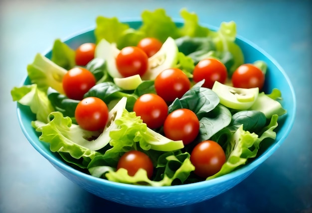 Close up of a fresh salad with cherry tomatoes lettuce and various greens in a blue bowl