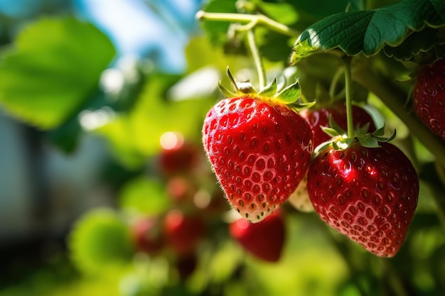 close up fresh strawberry on the tree at sunny day