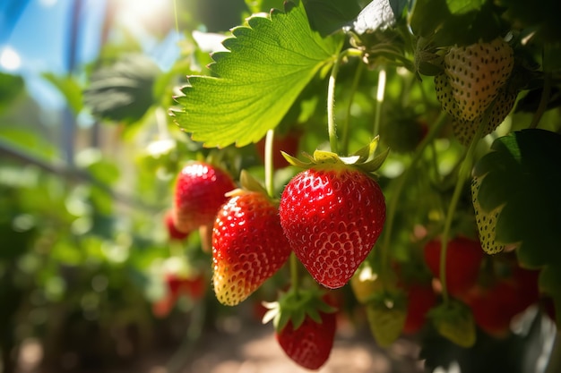 close up fresh strawberry on the tree at sunny day