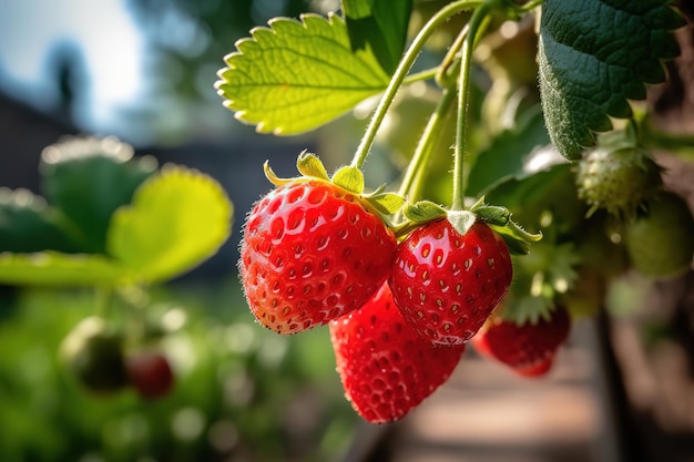 close up fresh strawberry on the tree at sunny day