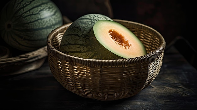 Close up Fresh Watermelon in a bamboo basket with blurred background