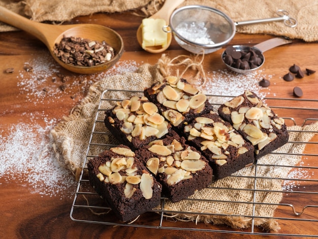 Close up on freshly baked almond brownies