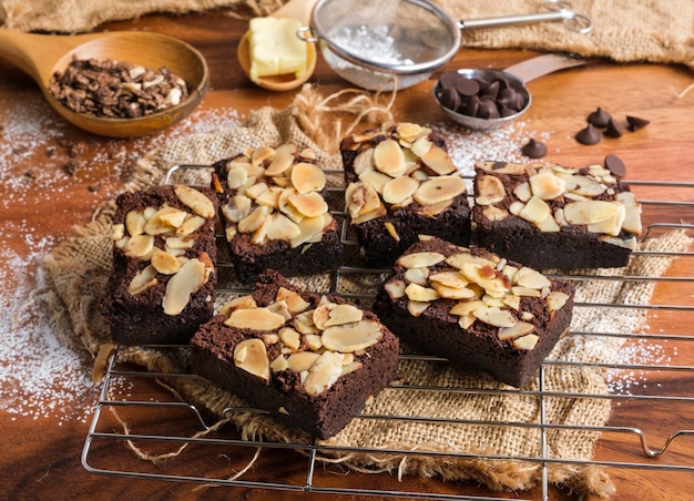 Close up on freshly baked almond brownies