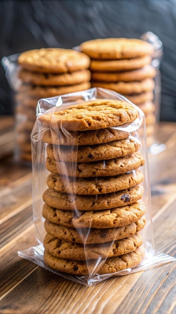 Close Up of Freshly Baked Cookies in a Plastic Bag on a Wooden Table Generative AI