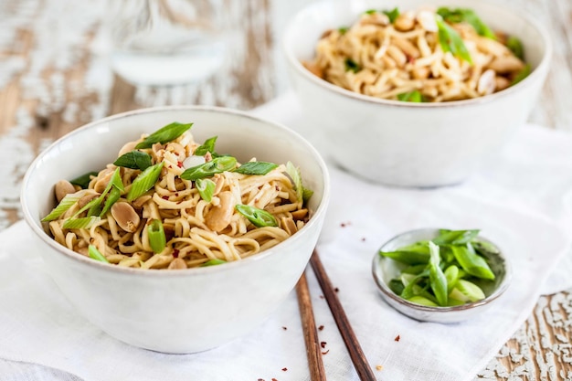 Close-up of fried noodles in bowl on table