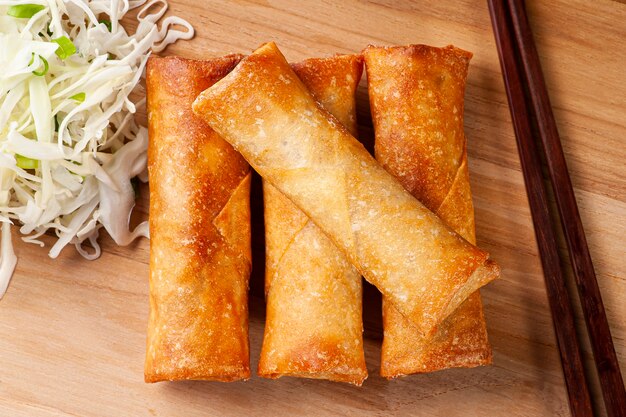 Close up fried spring rolls