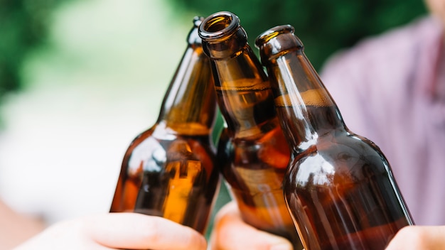 Close-up of friends clinking brown beer bottles