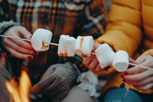 Photo close up friends eating marshmallows