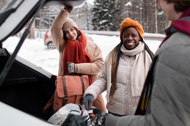 Close up friends traveling together