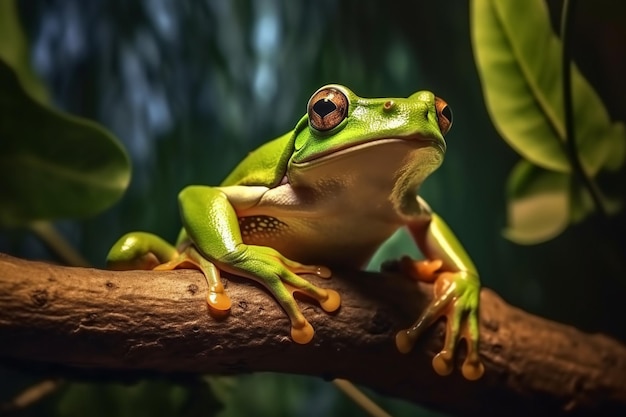 A close up of a frog sitting on a branch in a tree generative ai