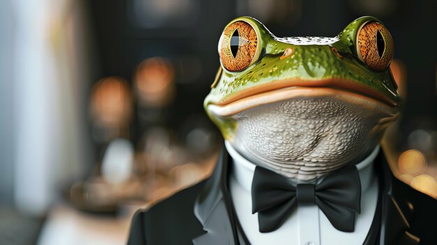 Photo a close up of a frog in a tuxedo looking at the camera