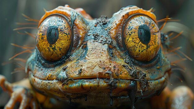 a close up of a frogs eye with a yellow eye and orange eyes