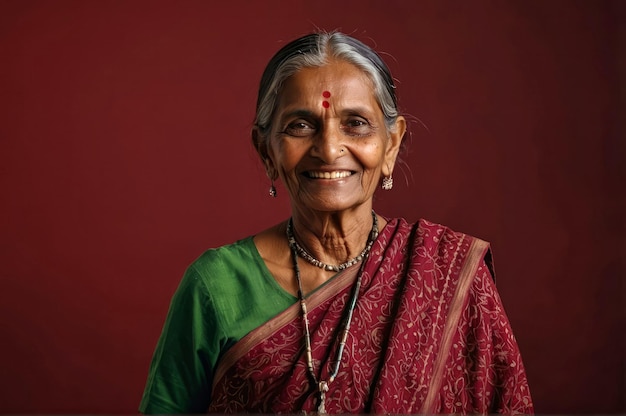 Close up front portrait of joyful senior Indian woman smiling isolated on red studio background