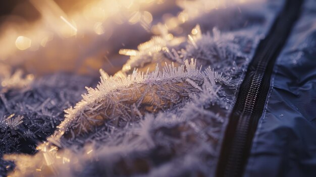 Close up of frost covering a blue winter jacket