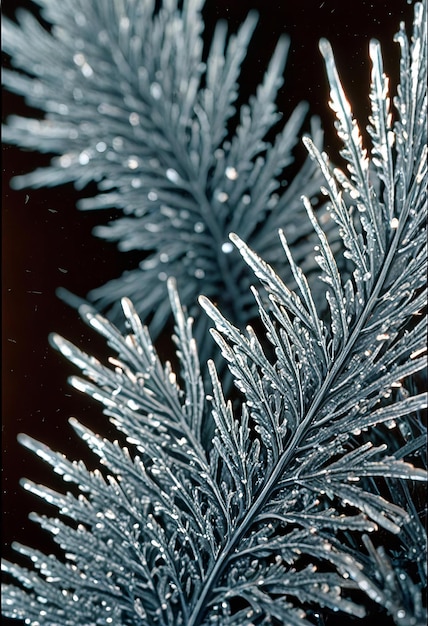 Photo a close up of a frosted tree with a dark background