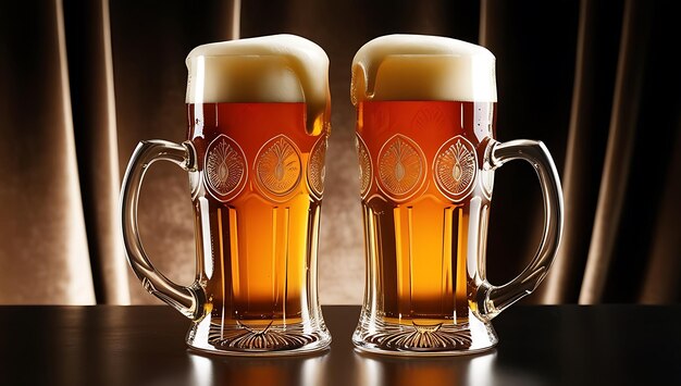 Photo close up of frothy beer glasses with foam spilling in dark background