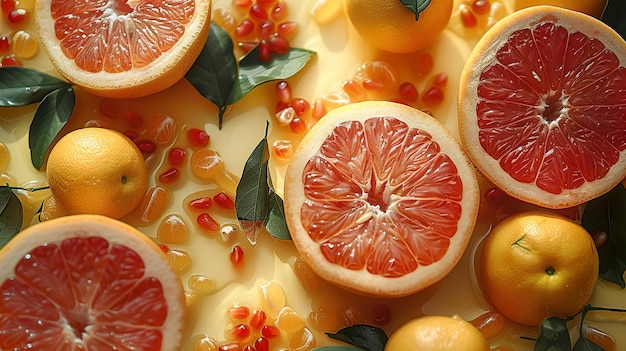 a close up of a fruit display with a slice of lemon