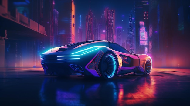 A close up of a futuristic car in a city at night generative ai