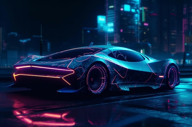 A close up of a futuristic car on a city street at night generative ai