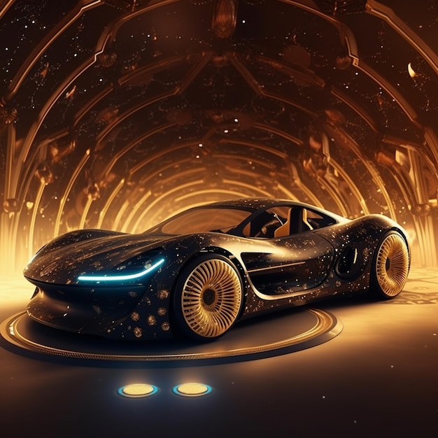 A close up of a futuristic car in a tunnel with lights generative ai