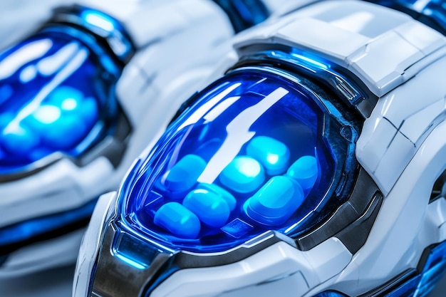 Photo close up of a futuristic robot head with glowing blue elements symbolizing advanced robotics and th