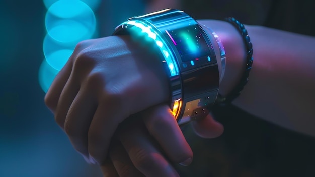 Photo close up of a futuristic smart watch with glowing lights on a persons wrist