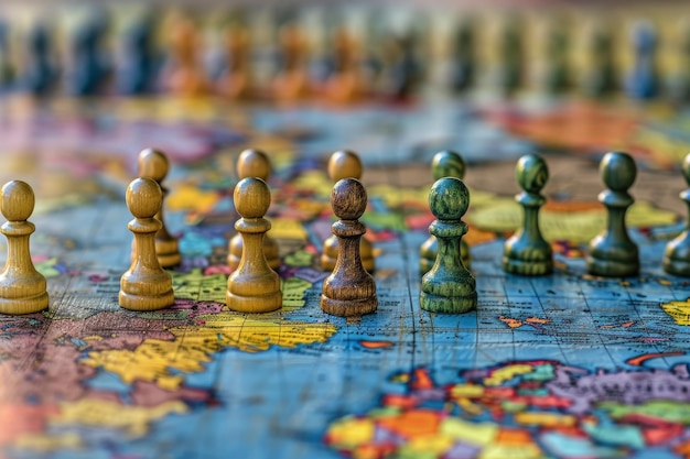 A close up of a game of chess on a world map