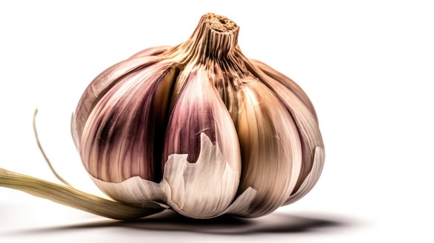 A close up of a garlic on a white background