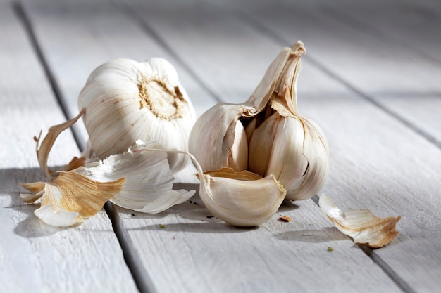 Close up on garlic on a wooden table closeup