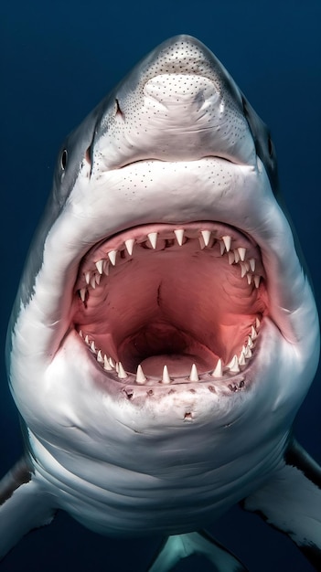 Photo close up of giant white shark with open mouth