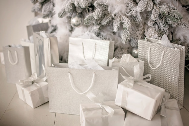 Close up gift boxes in christmas decor